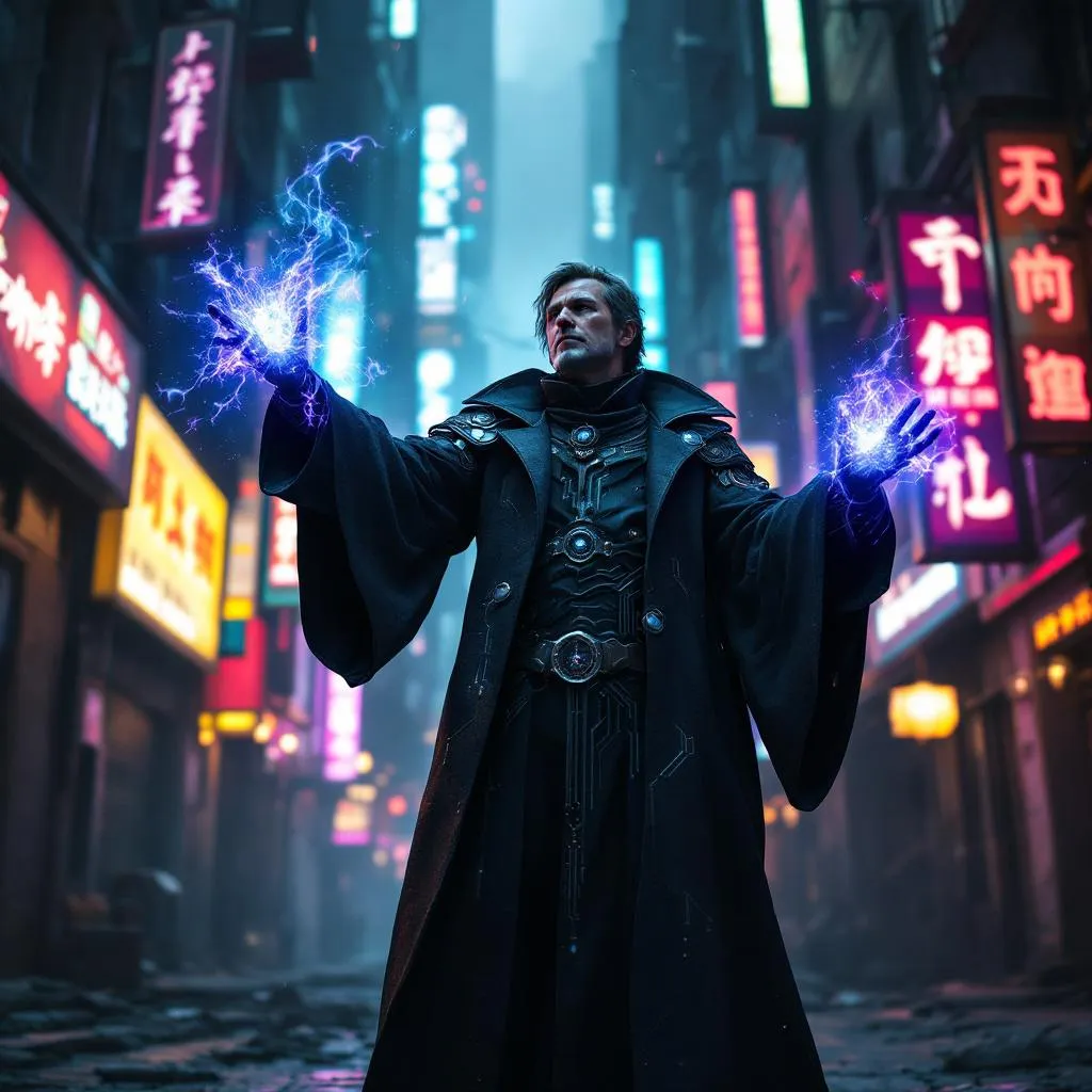 A futuristic wizard casting a glowing spell in a cyberpunk alley, neon colors, epic atmosphere