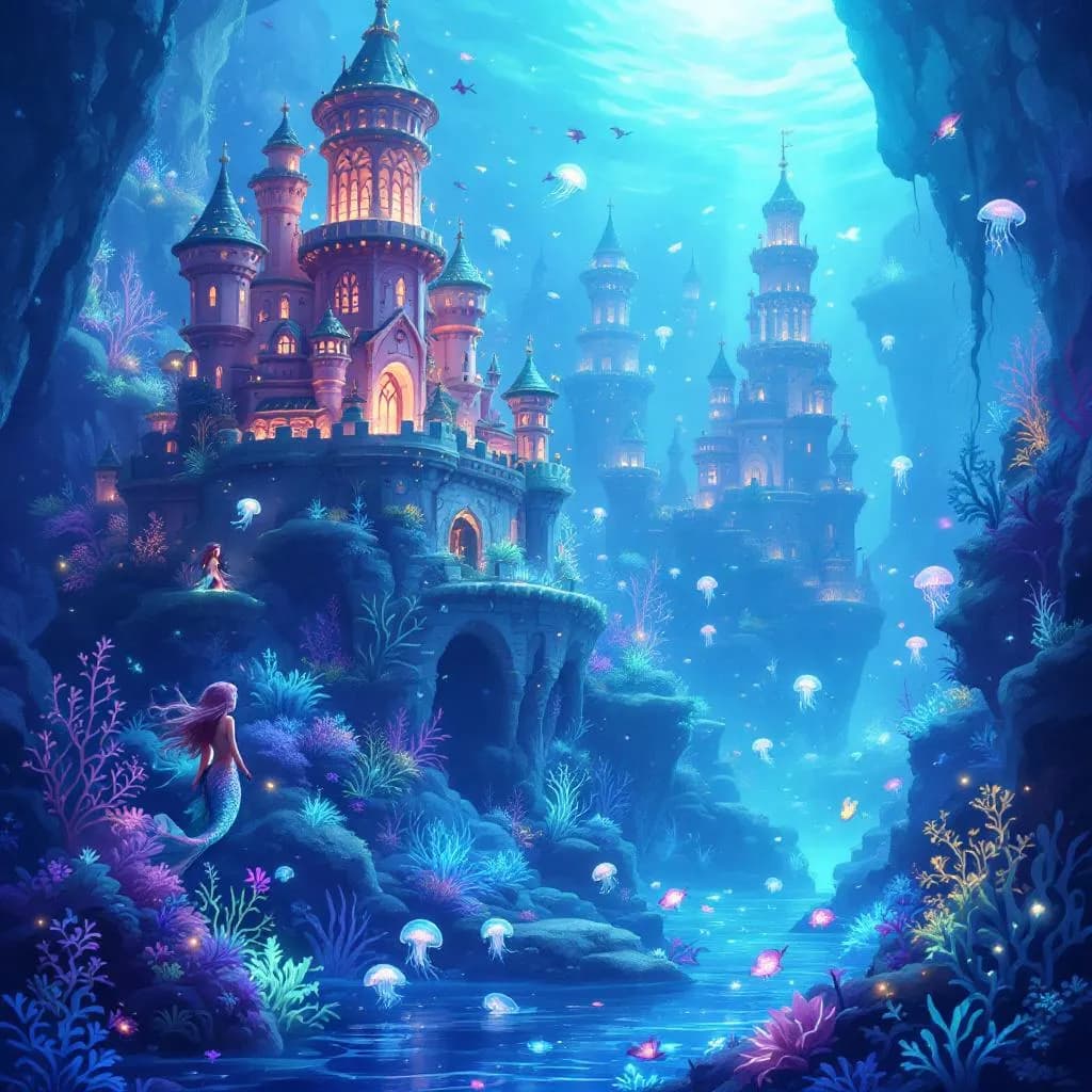 A serene underwater kingdom with mermaids, coral castles, and bioluminescent sea life, fantasy style