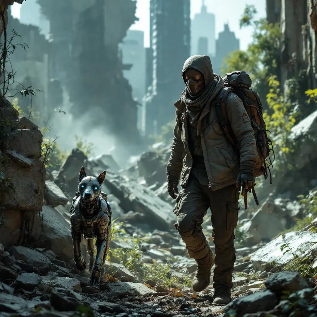 Post-apocalyptic survivor exploring ruined skyscrapers with a robotic dog, desaturated tones