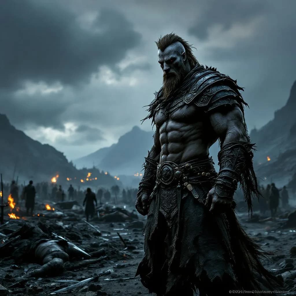 A centaur warrior standing in a battlefield, dark fantasy, moody lighting