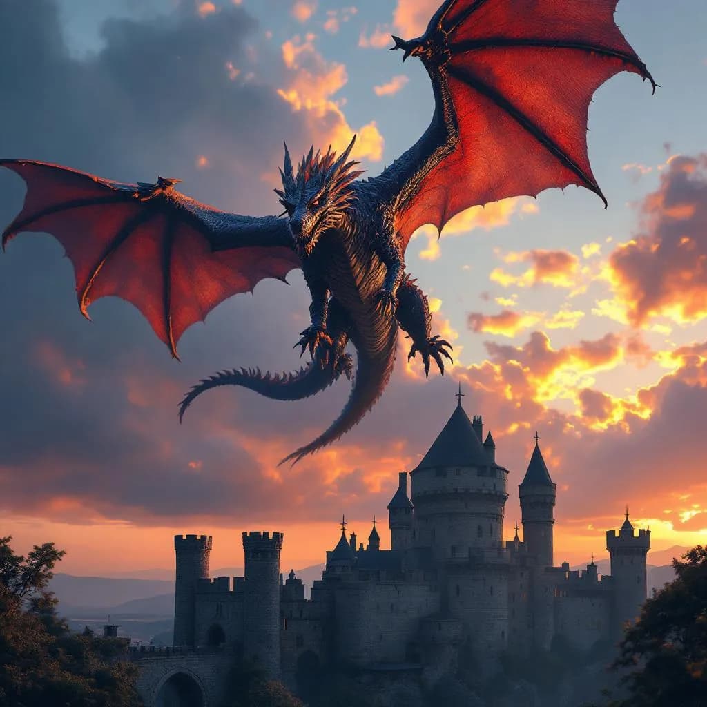 A majestic dragon flying over a medieval castle at sunset, ultra-detailed, cinematic lighting, 4K
