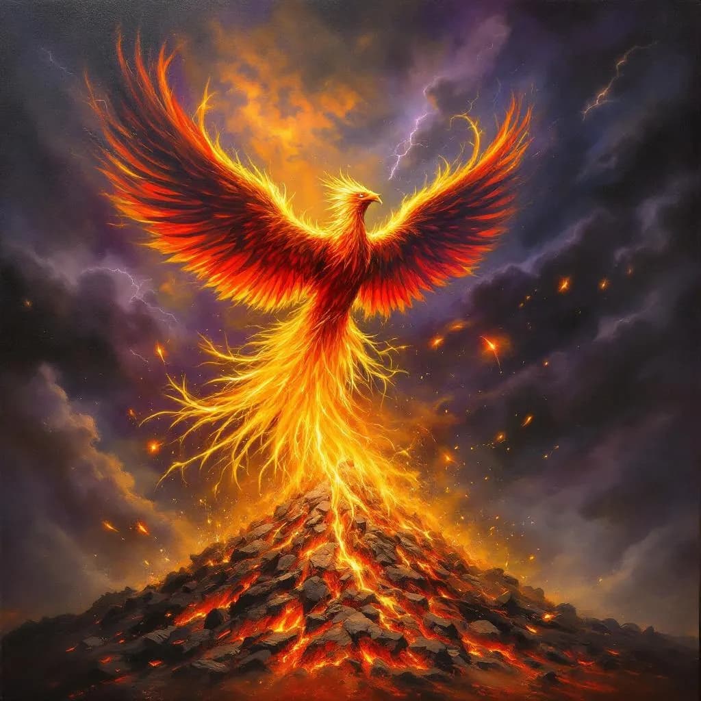 A phoenix rising from ashes in a dark stormy sky, fire and smoke effects, mythological art