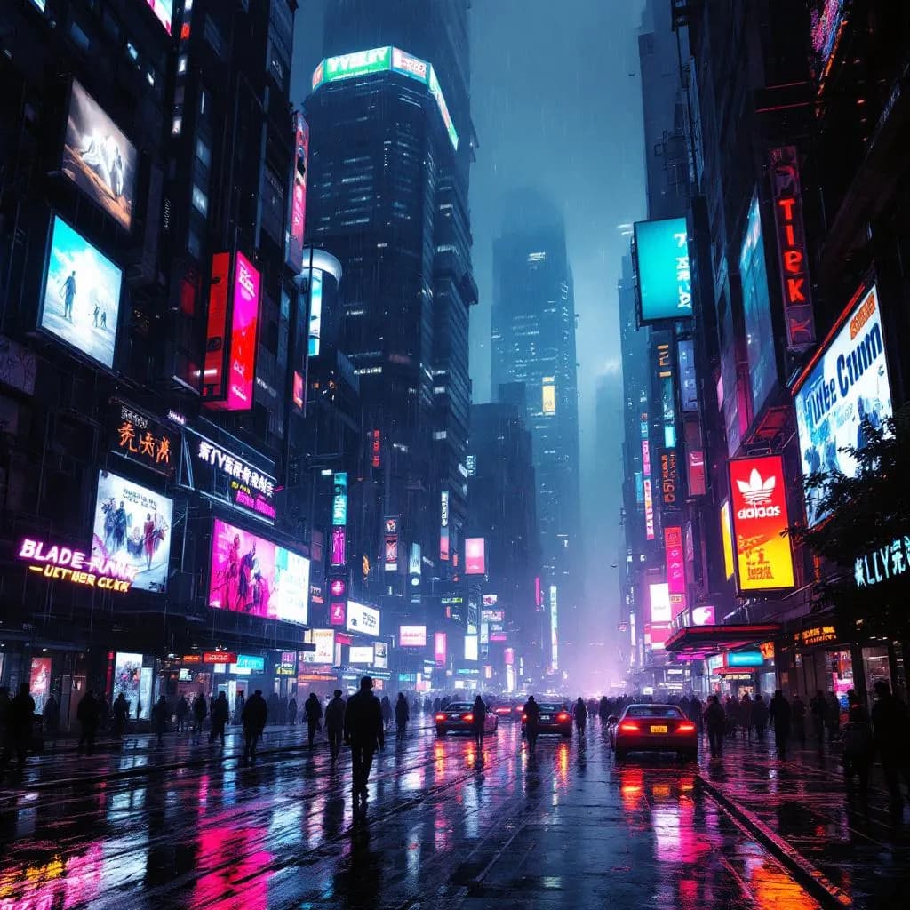 A bustling cyberpunk city at night, rain-soaked streets, neon signs, Blade Runner style
