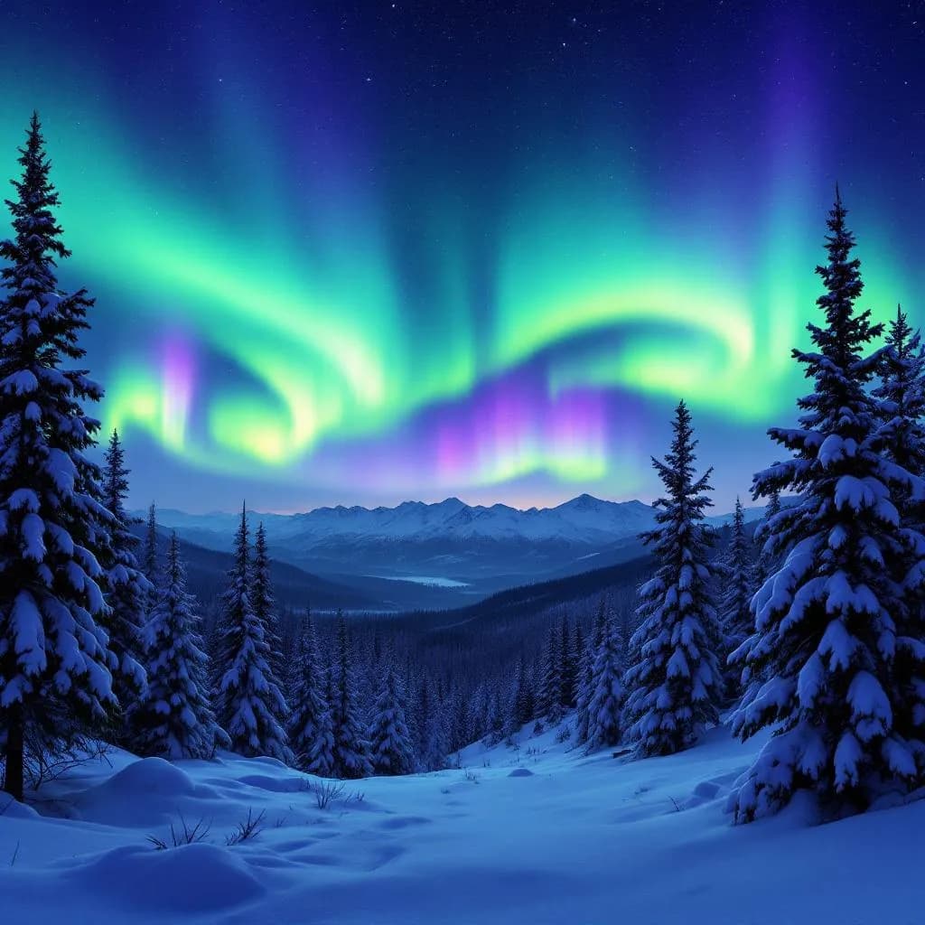 A glowing aurora over snow-covered mountains and pine forests, hyper-realistic, 4K