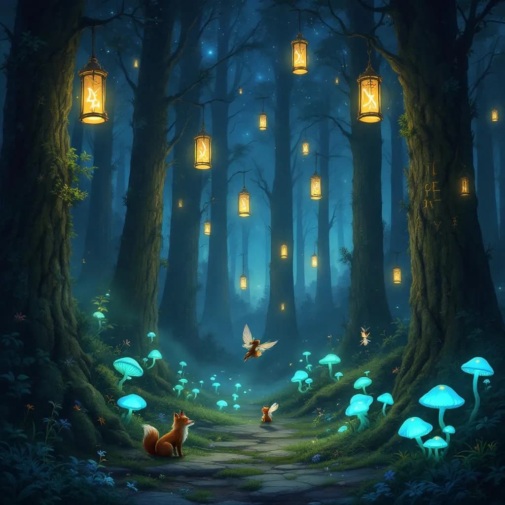 An enchanted forest with floating lanterns, glowing mushrooms, and magical creatures, high fantasy style