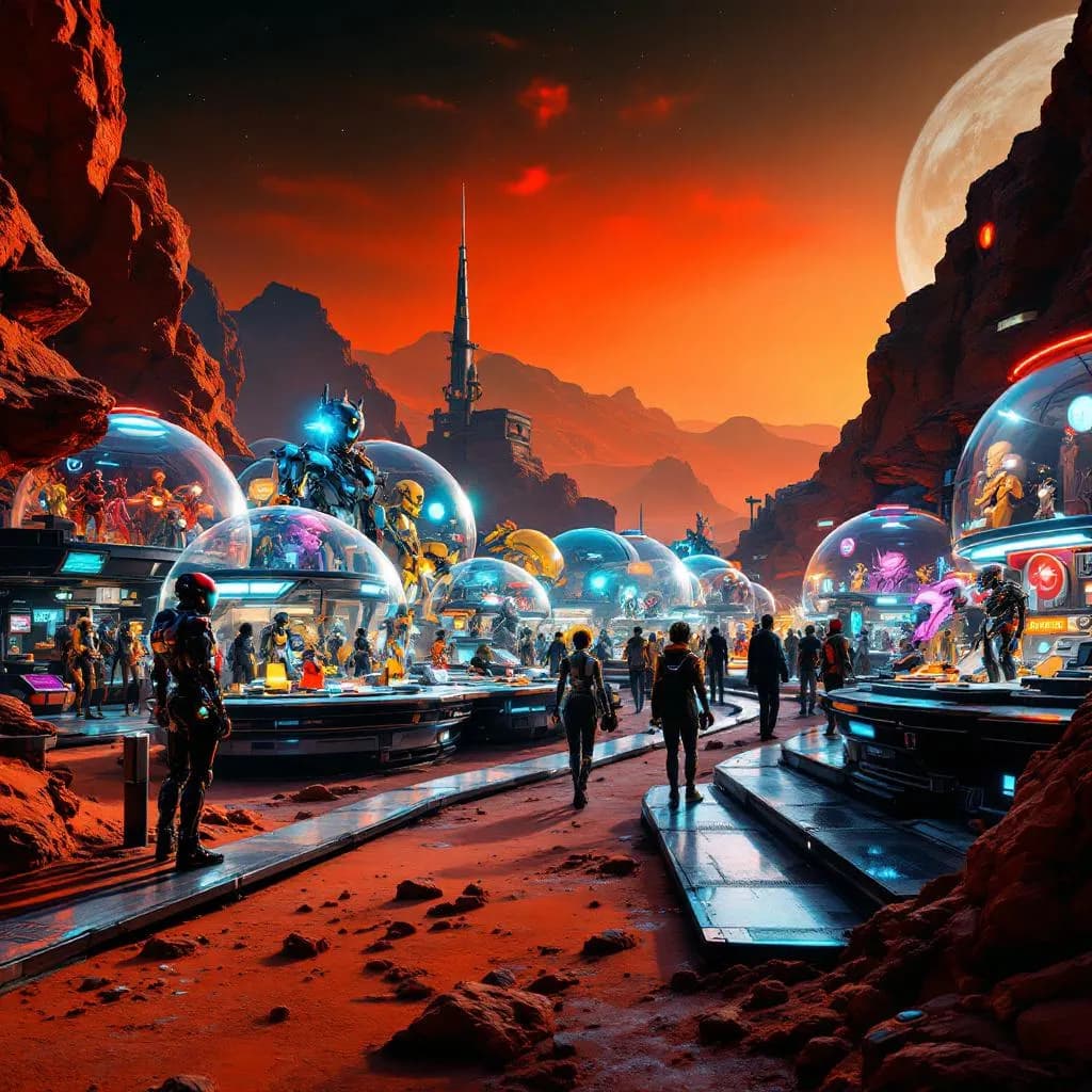 Futuristic robot marketplace on Mars, vibrant colors, highly detailed, 8K resolution
